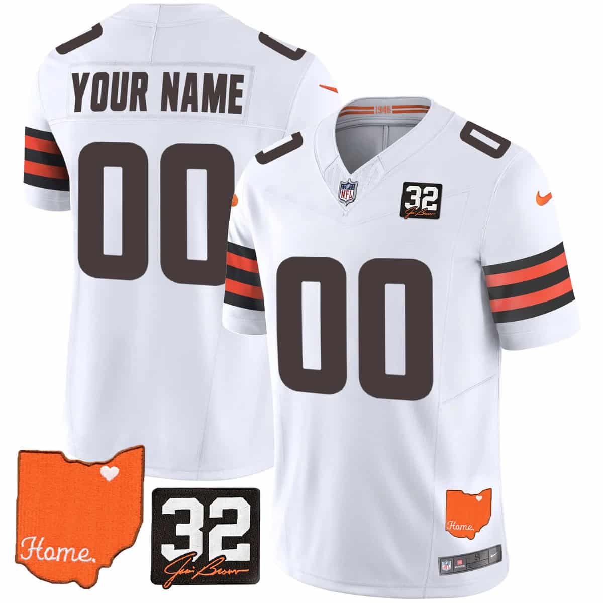 CUSTOM Men's Browns #32 Jim Brown Memorial & Home Patch Vapor Limited Jersey - All Stitched White