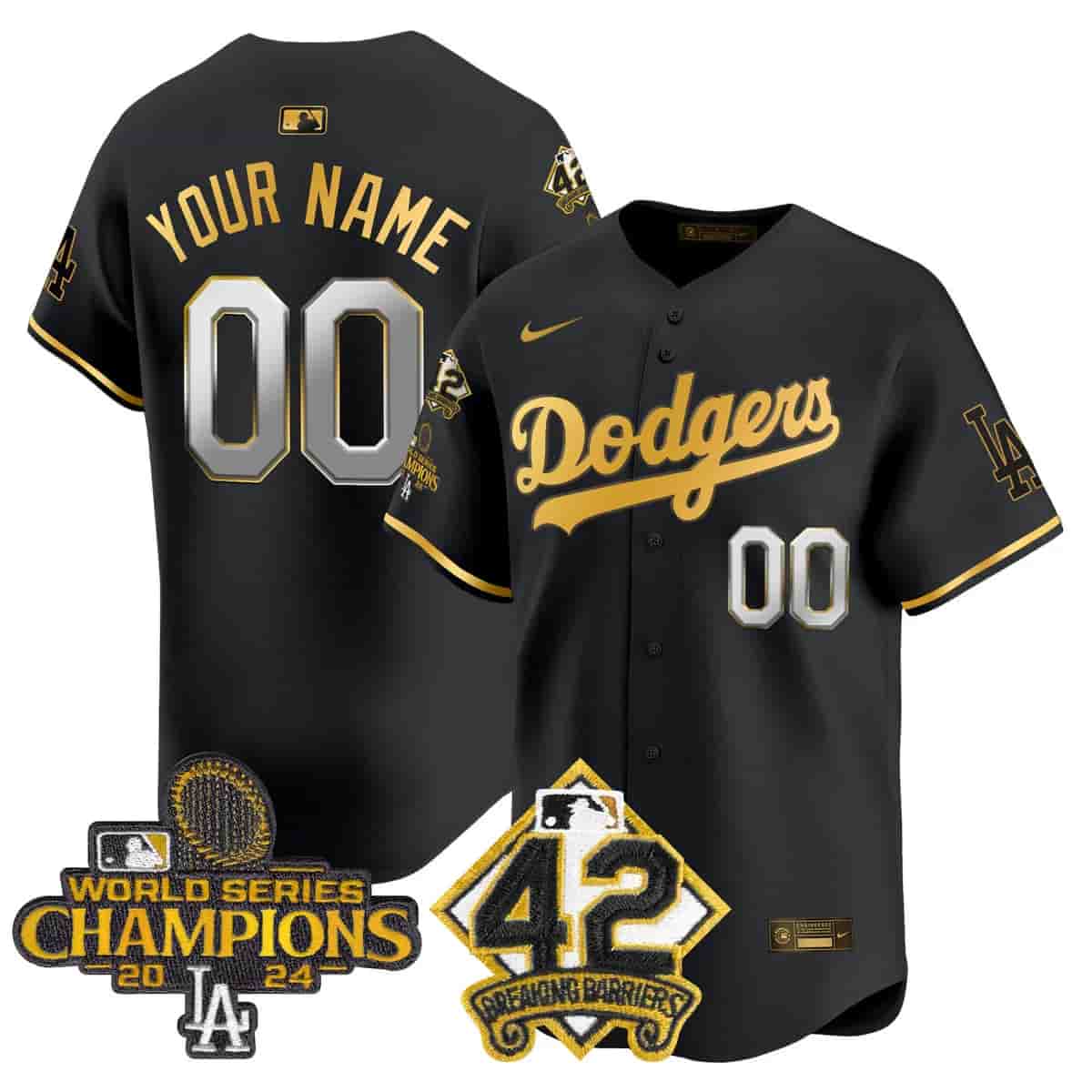 CUSTOM Men's Dodgers 2024 World Series Champions & Jackie Robinson Patch Vapor Premier Limited Jersey - All Stitched Black Gold