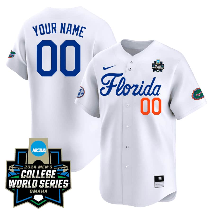 CUSTOM Men's Florida Gators 2324 Jersey - 2024 College World Series Patch - All Stitched Florida - White