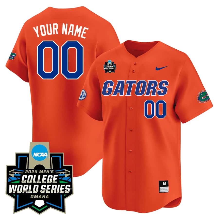 CUSTOM Men's Florida Gators 2324 Jersey - 2024 College World Series Patch - All Stitched Gators - Orange