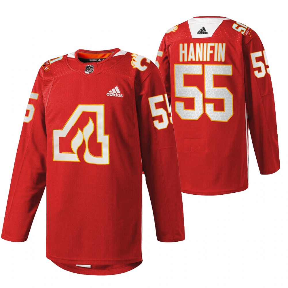 Calgary Flames Noah Hanifin Red 2022 50th Anniversary Warm-Up Jersey