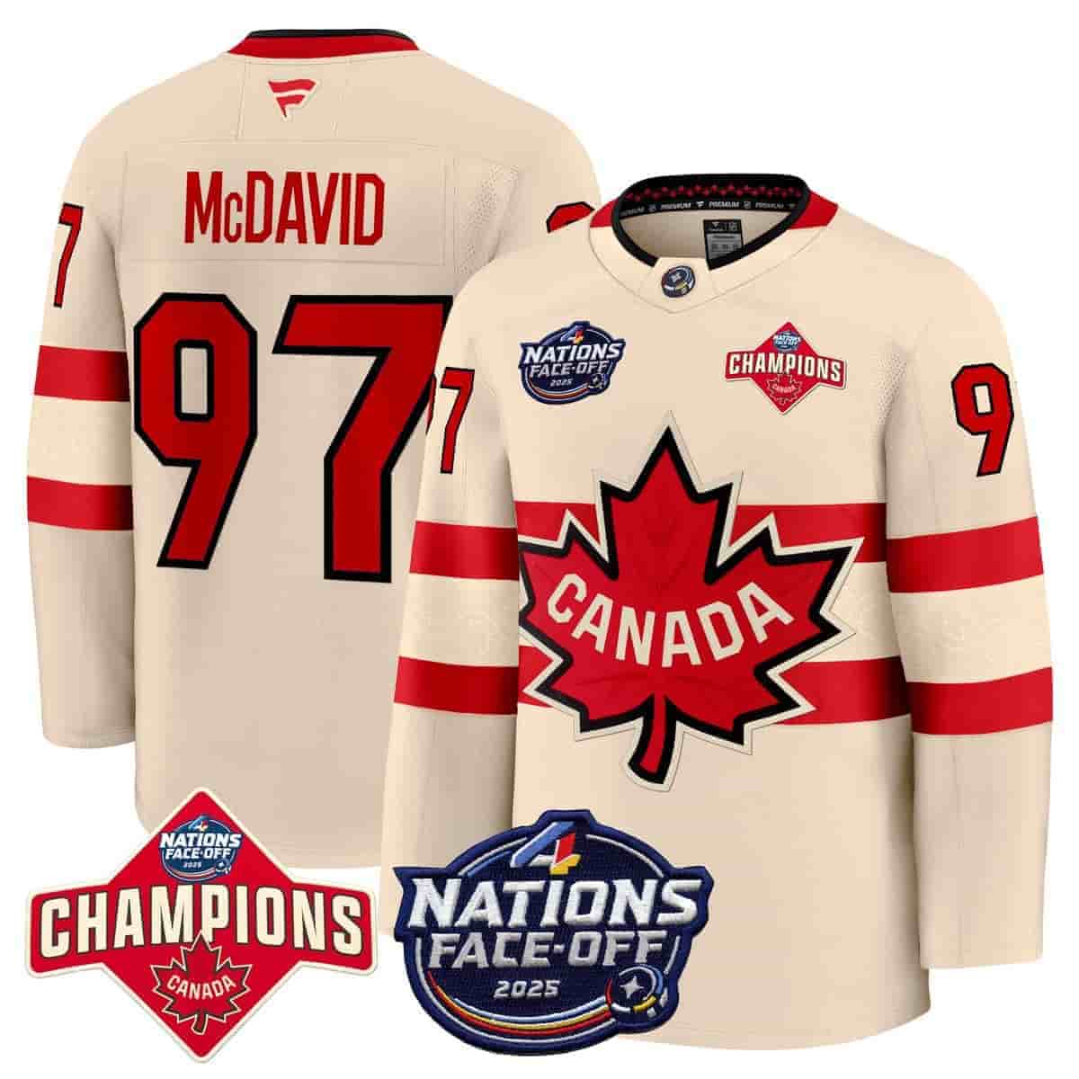 Canada 4 Nations Face-Off 2025 Champions Premium  Jersey - All Stitched Cream Connor McDavid 97