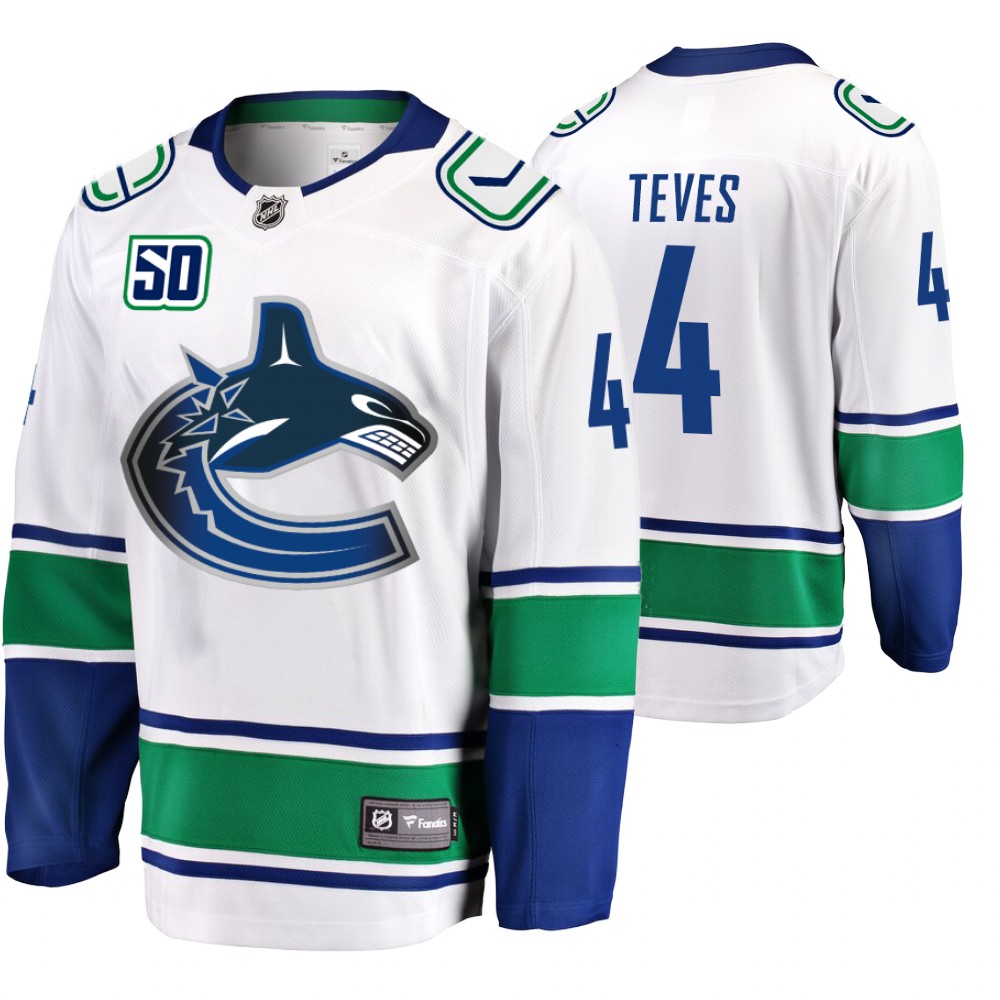 Canucks Josh Teves White Away Breakaway 50th Anniversary Player Jersey