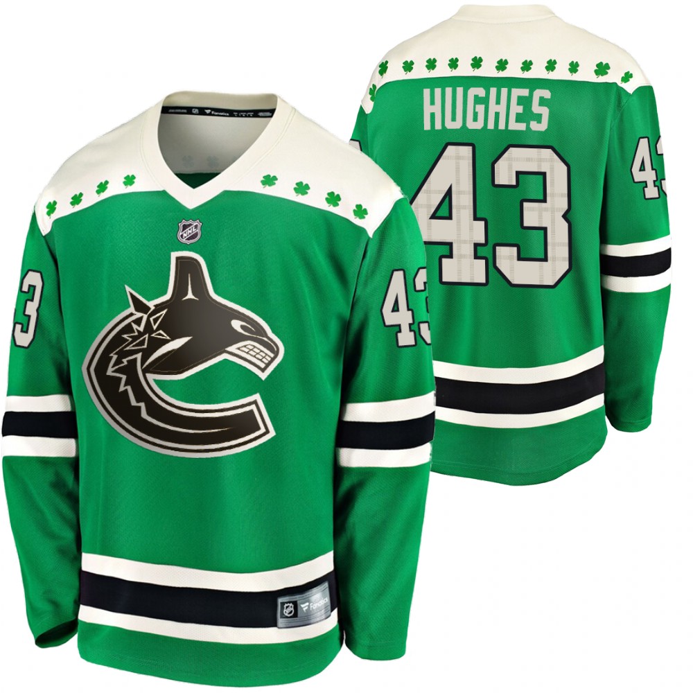 Canucks Quinn Hughes 2020 St. Patrick's Day Green #43 Jersey Replica Player