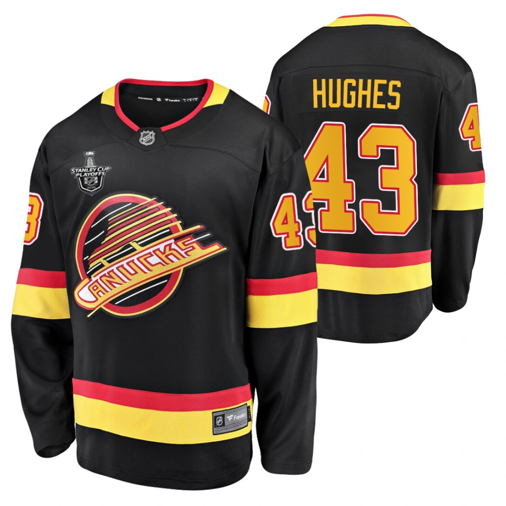 Canucks Quinn Hughes Jersey 2020 Stanley Cup Playoffs Black Flying Skate Men's