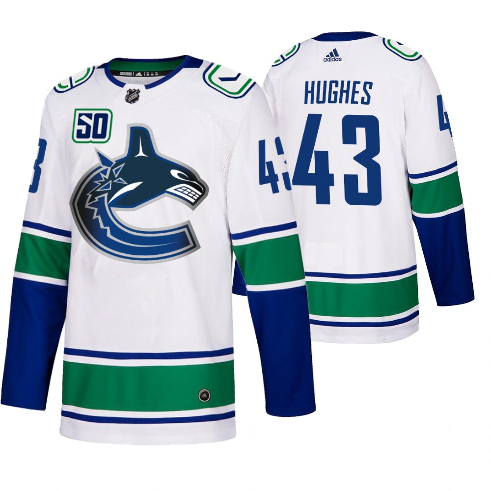 Canucks Quinn Hughes White Away 50th Anniversary Authentic Jersey