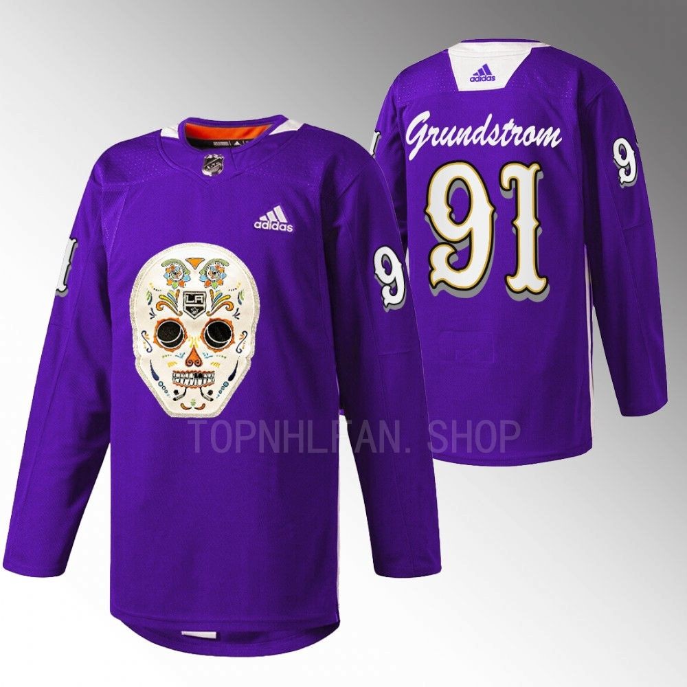 Carl Grundstrom LA Kings Dia De Los Metros Night Jersey Purple Sugar Skull warmup
