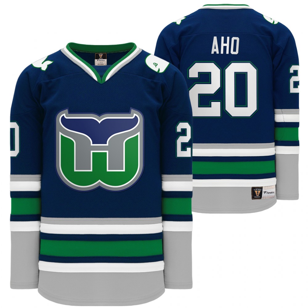 Carolina Hurricanes Hartford Heritage Whalers Night Sebastian Aho Throwback Navy Jersey