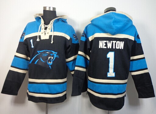Carolina Panthers #1 Cam Newton Black blue Sawyer Hooded Sweatshirt Stitched Jersey