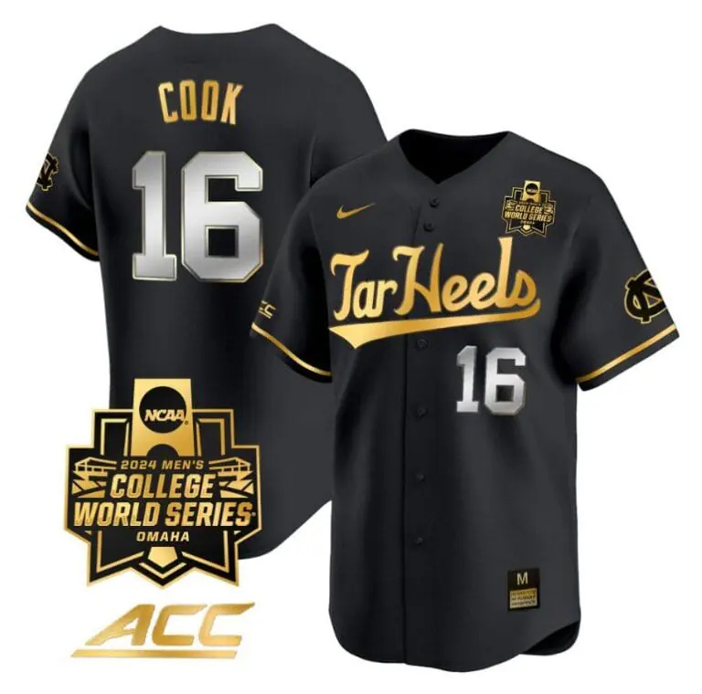 Casey Cook Jersey #16 North Carolina Tar Heels 2024 College World Series Vapor Premier Limited NCAA Baseball Stitched Black Gold