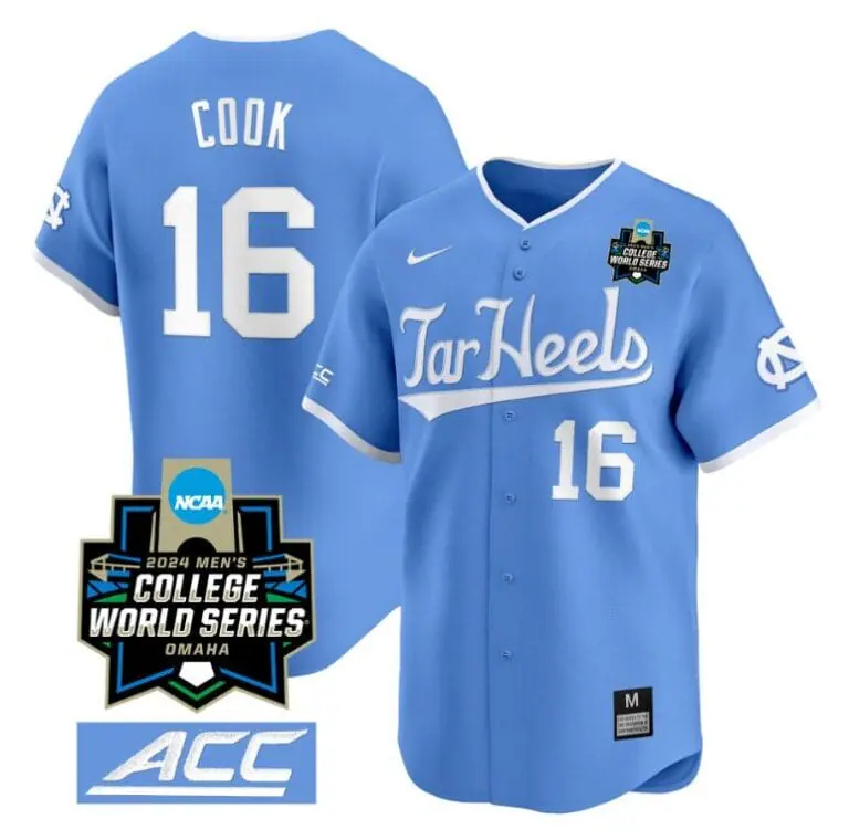 Casey Cook Jersey #16 North Carolina Tar Heels 2024 College World Series Vapor Premier Limited NCAA Baseball Stitched Blue