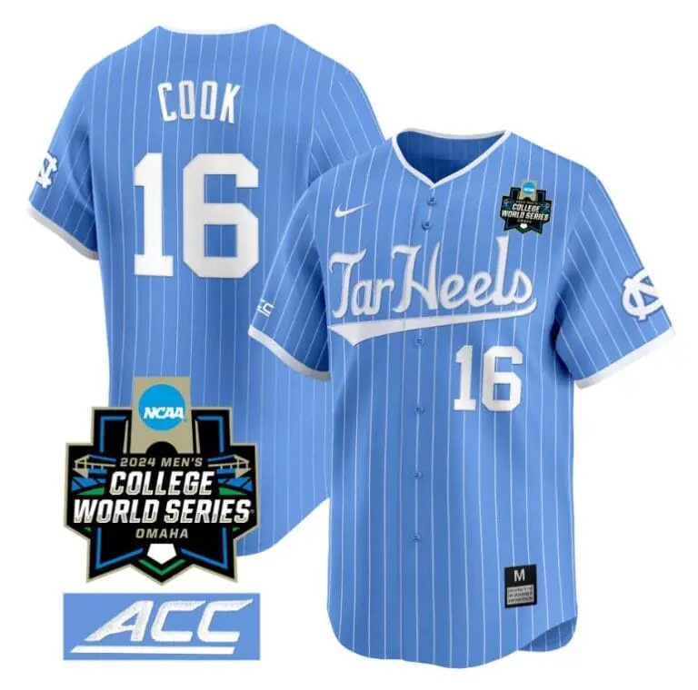 Casey Cook Jersey #16 North Carolina Tar Heels 2024 College World Series Vapor Premier Limited NCAA Baseball Stitched Blue Pinstripe