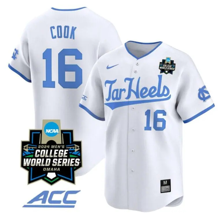 Casey Cook Jersey #16 North Carolina Tar Heels 2024 College World Series Vapor Premier Limited NCAA Baseball Stitched White