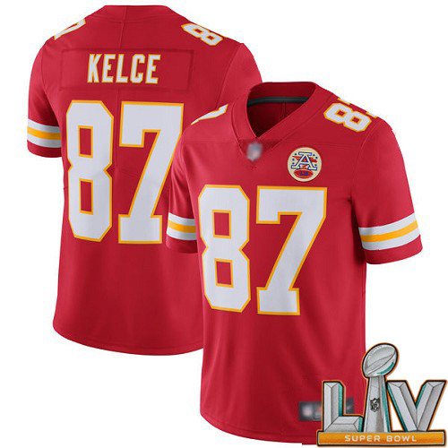 Cheap Super Bowl LV 2021 Men Kansas City Chiefs 87 Kelce Travis Red Team Color Vapor Untouchable Limited Player Football Nike NFL Jersey