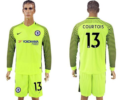 Chelsea #13 Courtois Shiny Green Goalkeeper Long Sleeves Soccer Club Jersey