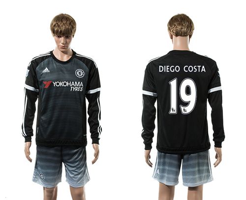 Chelsea #19 Diego Costa Black Long Sleeves Soccer Club Jersey