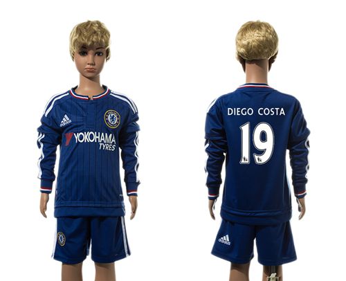 Chelsea #19 Diego Costa Blue Home Long Sleeves Kid Soccer Club Jersey
