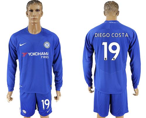 Chelsea #19 Diego Costa Home Long Sleeves Soccer Club Jersey