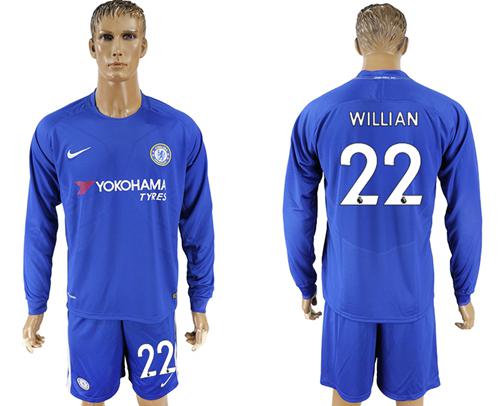 Chelsea #22 Willian Home Long Sleeves Soccer Club Jersey