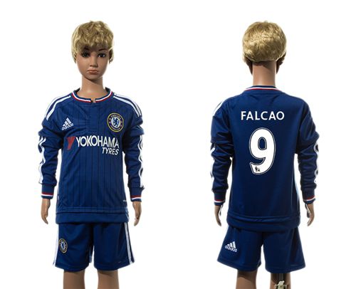 Chelsea #9 Falcao Blue Home Long Sleeves Kid Soccer Club Jersey