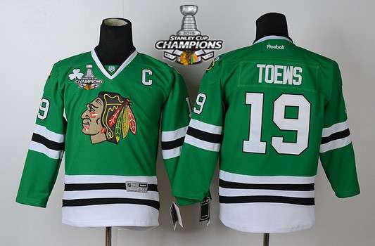 Chicago Blackhawks #19 Janathan Toews Green Kids JerseyW  2015 Stanley Cup Champion Patch