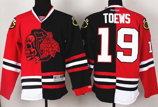 Chicago Blackhawks #19 Jonathan Toews Red Black Two Tone With Red Skulls Jersey