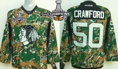 Chicago Blackhawks #50 Corey Crawford 2014 Camo Kids Jersey W 2015 Stanley Cup Champion Patch