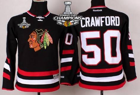 Chicago Blackhawks #50 Corey Crawford 2014 Stadium Series Black Kids Jersey W 2015 Stanley Cup Champion Patch