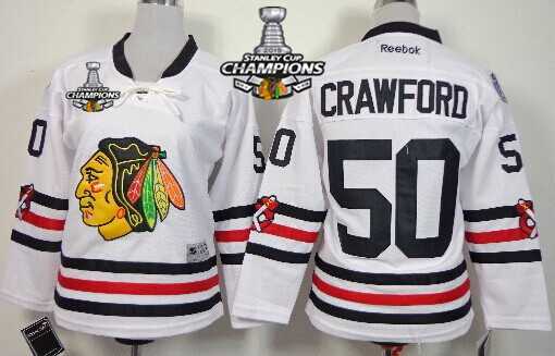 Chicago Blackhawks #50 Corey Crawford 2015 Winter Classic White Kids Jersey W 2015 Stanley Cup Champion Patch