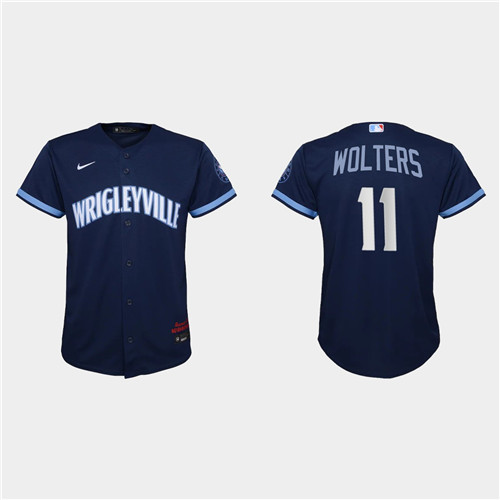 Chicago Cubs #11 Tony Wolters Youth Nike 2021 City Connect Navy MLB Jersey