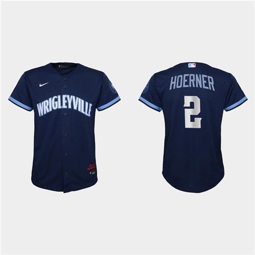 Chicago Cubs #2 Nico Hoerner Youth Nike 2021 City Connect Navy MLB Jersey