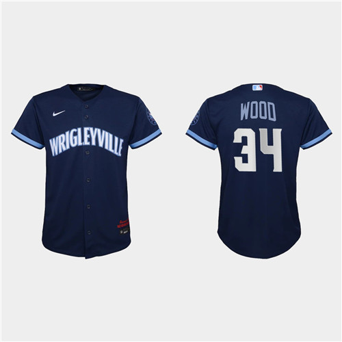 Chicago Cubs #34 Kerry Wood Youth Nike 2021 City Connect Navy MLB Jersey
