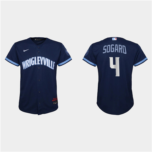 Chicago Cubs #4 Eric Sogard Youth Nike 2021 City Connect Navy MLB Jerse