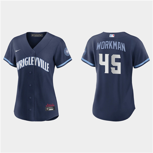 Chicago Cubs #45 Brandon Workman Women's Nike 2021 City Connect Navy MLB Jersey