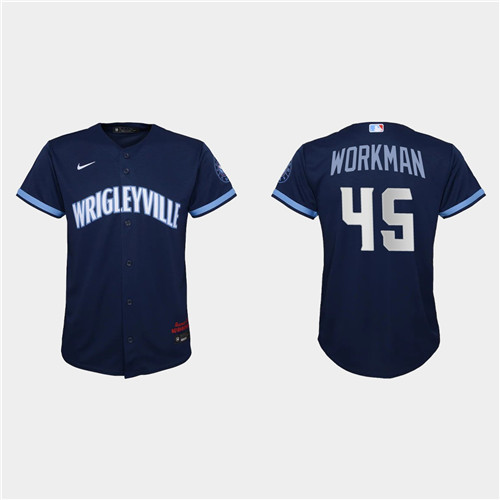 Chicago Cubs #45 Brandon Workman Youth Nike 2021 City Connect Navy MLB Jersey