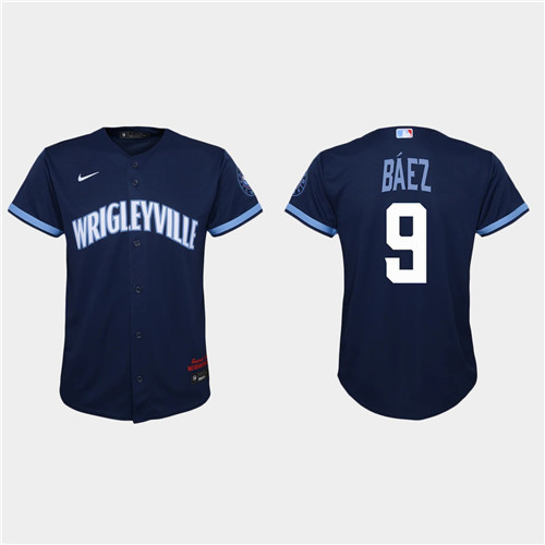 Chicago Cubs #9 Javier Baez Youth Nike 2021 City Connect Navy MLB Jersey