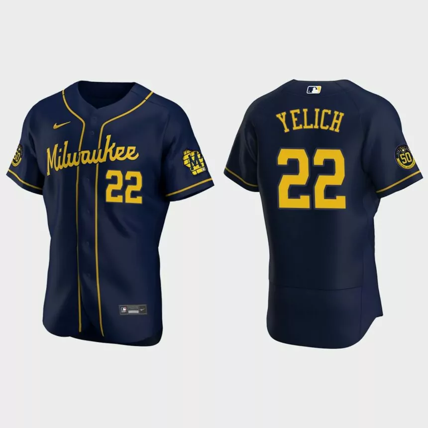 Christian Yelich #22 Milwaukee Brewers Navy Authentic 50th Anniversary 2020 Alternate Jersey