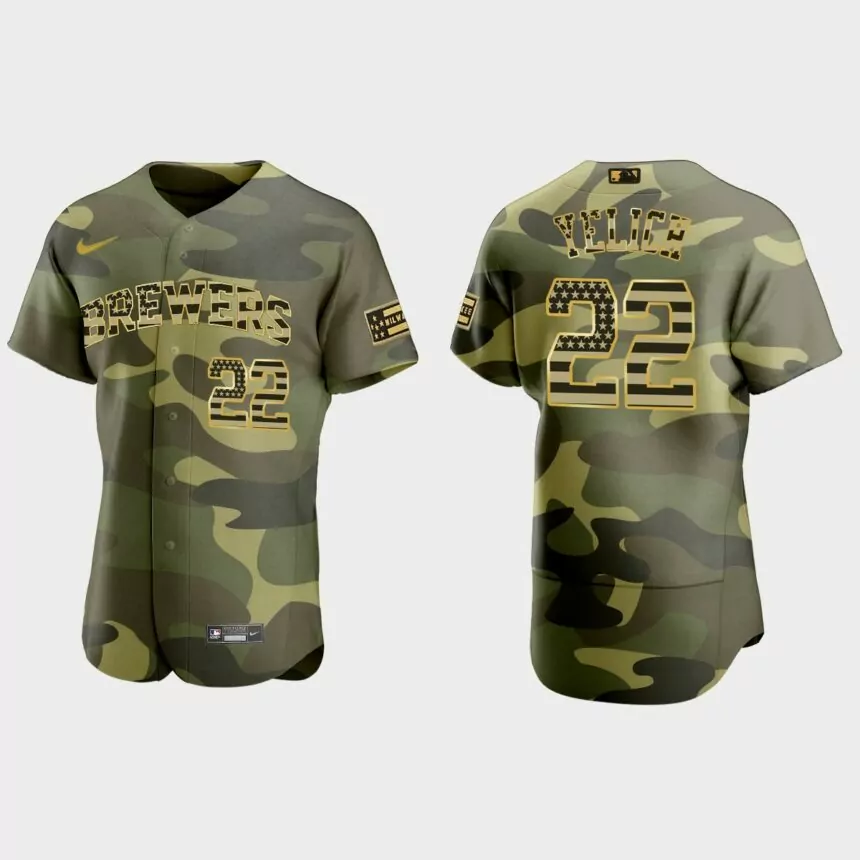 Christian Yelich Milwaukee Brewers 2022 Armed Forces Day Authentic Jersey – Camo