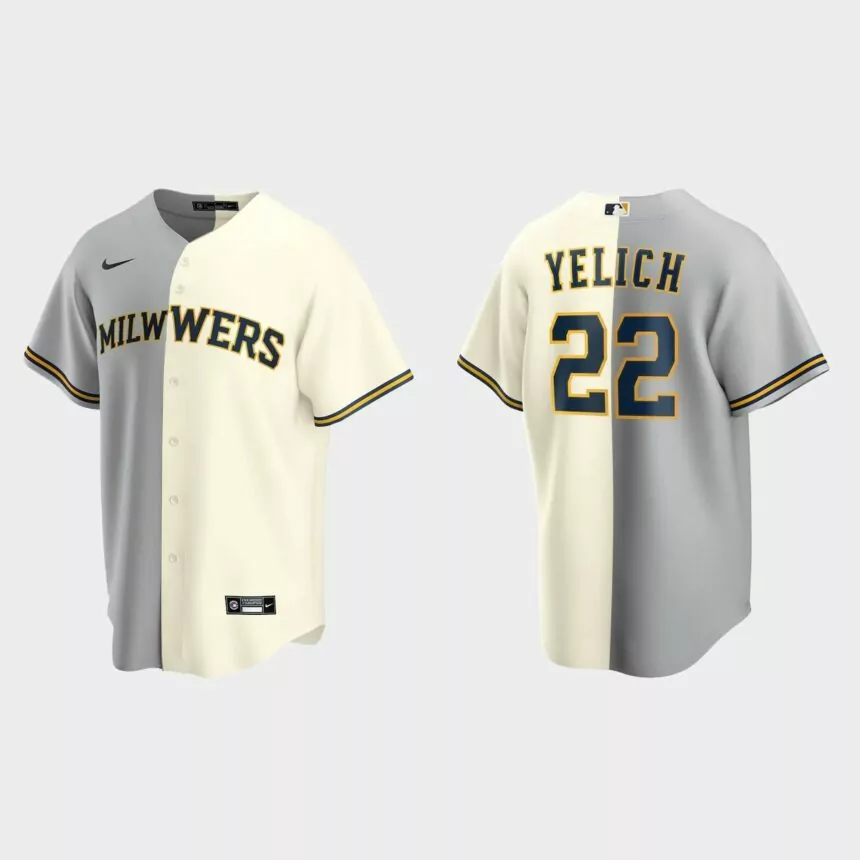 Christian Yelich Milwaukee Brewers Split Replica Jersey – Cream Gray