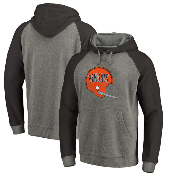 Cincinnati Bengals NFL Pro Line By Fanatics Branded Throwback Logo Tri-Blend Raglan Pullover Hoodie Gray Black