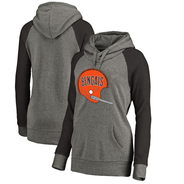 Cincinnati Bengals NFL Pro Line By Fanatics Branded Women's Throwback Logo Tri-Blend Raglan Plus Size Pullover Hoodie Gray Black