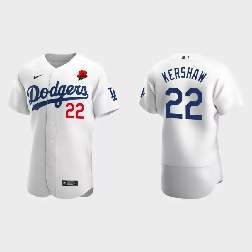 Clayton Kershaw Los Angeles Dodgers 2022 Memorial Day Poppy Patch Authentic Jersey – White