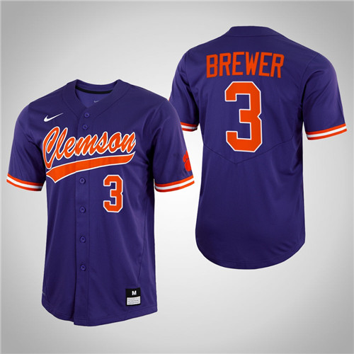 Clemson Tigers Dylan Brewer Full-Button College Baseball Jersey Purple