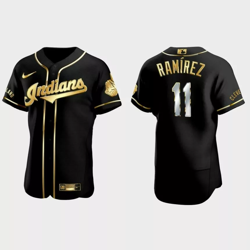 Cleveland Indians #11 Jose Ramirez Golden Edition Authentic Jersey – Black