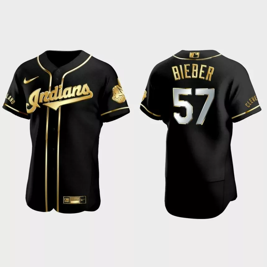 Cleveland Indians #57 Shane Bieber Golden Edition Authentic Jersey – Black