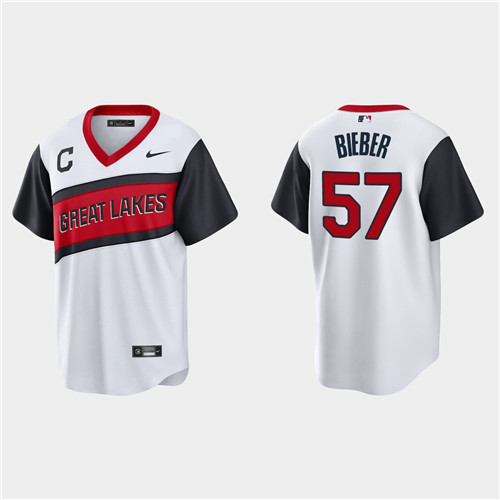 Cleveland Indians #57 Shane Bieber Men's Nike White 2021 Little League Class Game MLB Jersey