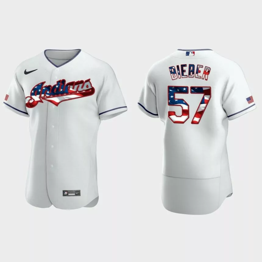 Cleveland Indians Shane Bieber 2020 Stars & Stripes 4th of July Jersey – White