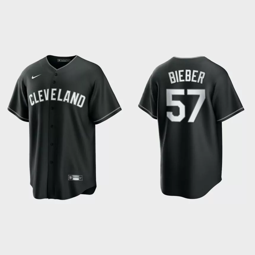 Cleveland Indians Shane Bieber 2021 All Black Fashion Replica Jersey – Black White