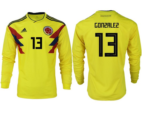 Colombia #13 Gonzalez Home Long Sleeves Soccer Country Jersey