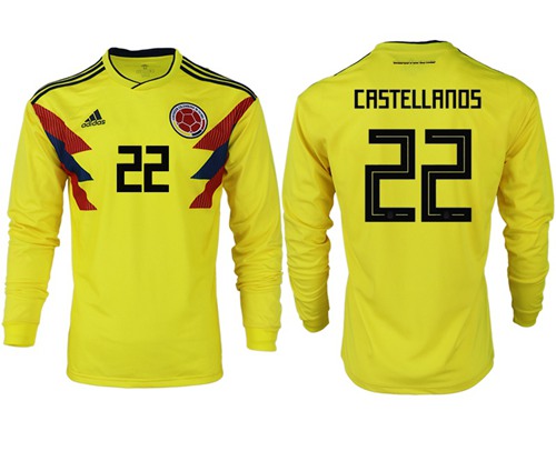 Colombia #22 Castellanos Home Long Sleeves Soccer Country Jersey